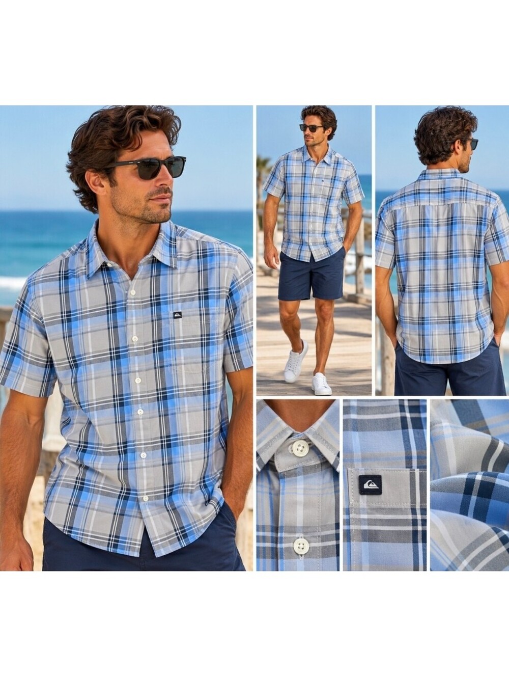 Quiksilver Men’s XL Blue Gray Plaid Short Sleeve Button Up Shirt Modal Blend